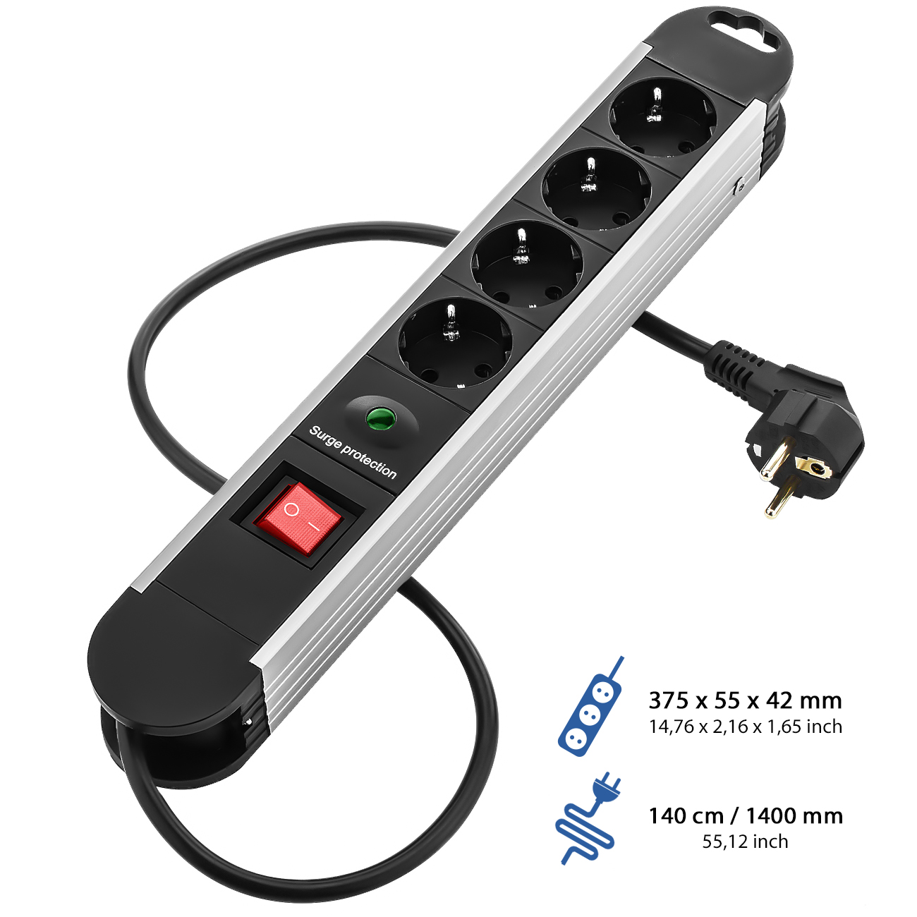 deleyCON PREMIUM 4fach Steckdosenleiste Überspannungsschutz Kindersicherung ALU deleyCON