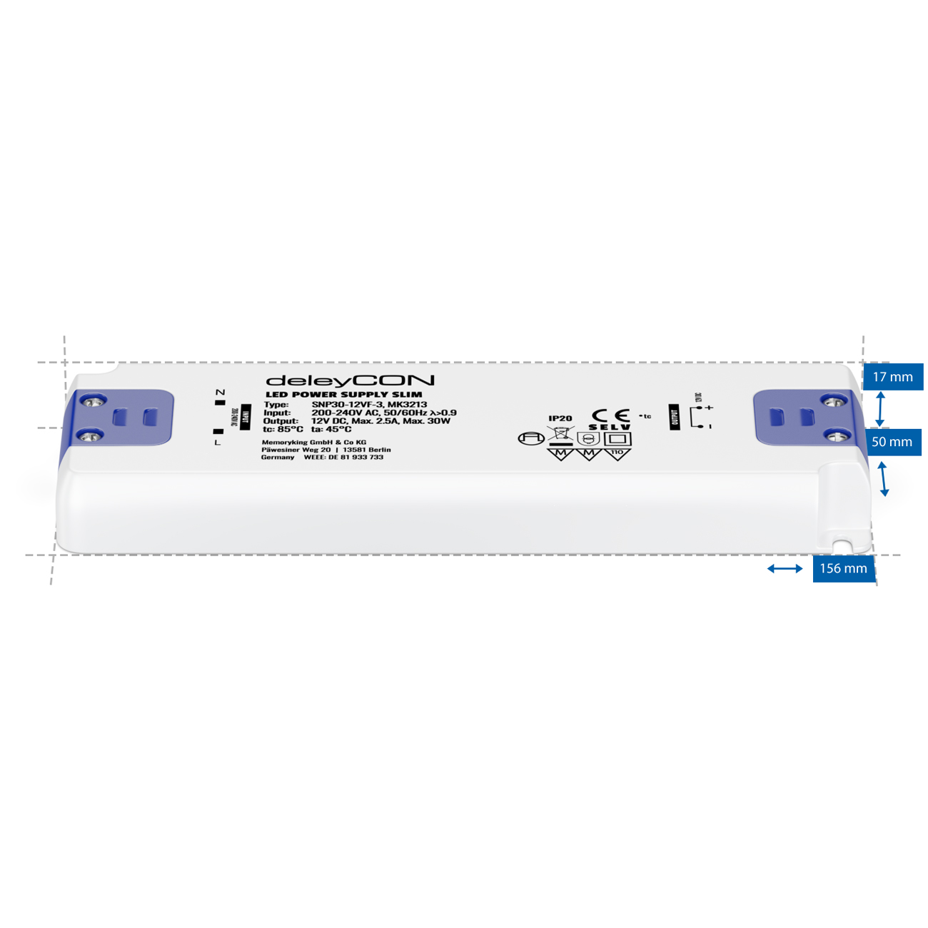 LED Trafo, LED Transformator SLIM 12V DC Gleichspannung 30 Watt für  Möbeleinbau zugelassen mit Überhitzungsschutz, Kurzschlussschutz und  Überlastungsschutz LxBxH 251 x 30 x 16 mm - LEDLager