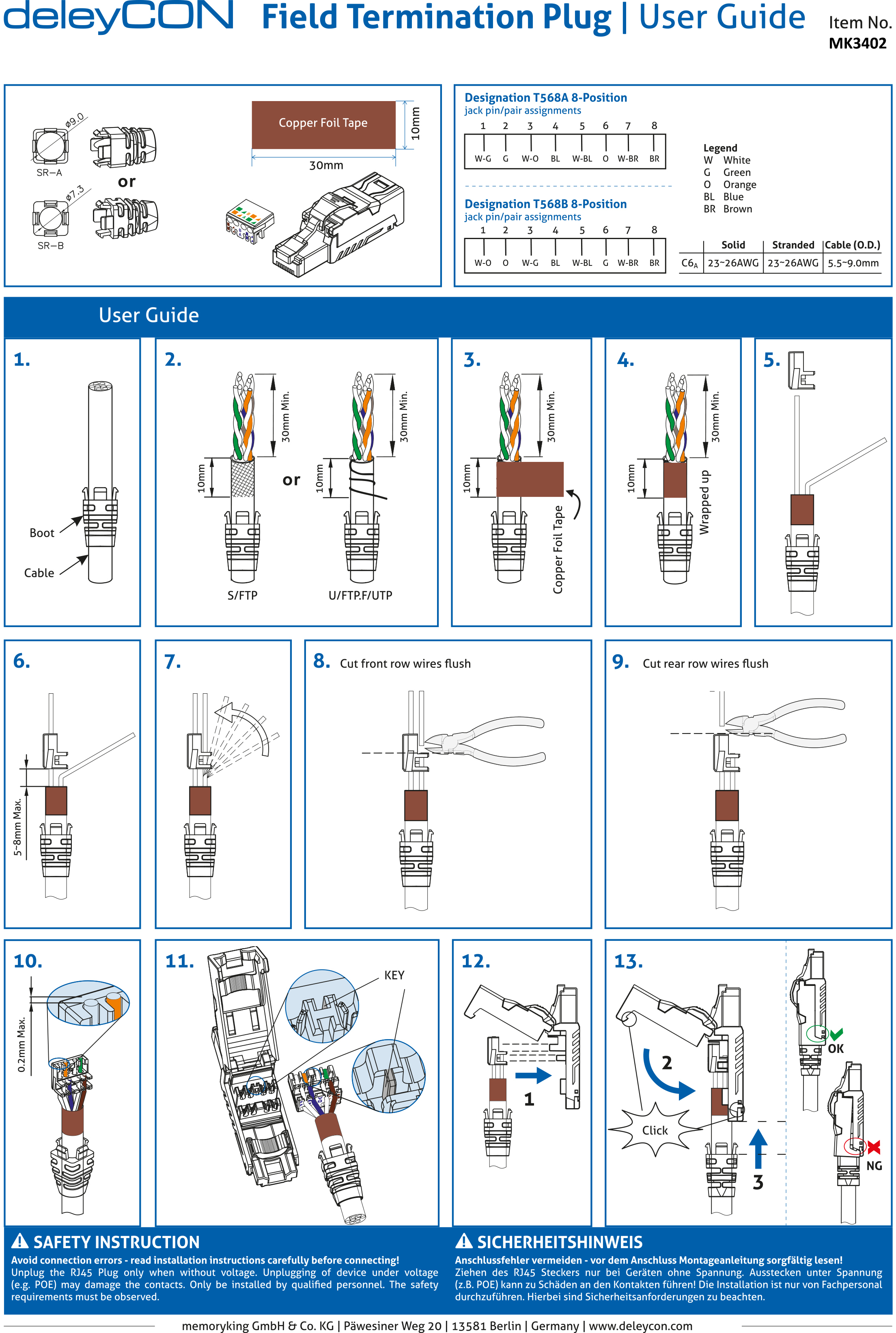 deleyCON CAT 6a Netzwerkstecker RJ45 Werkzeuglos Stecker ...