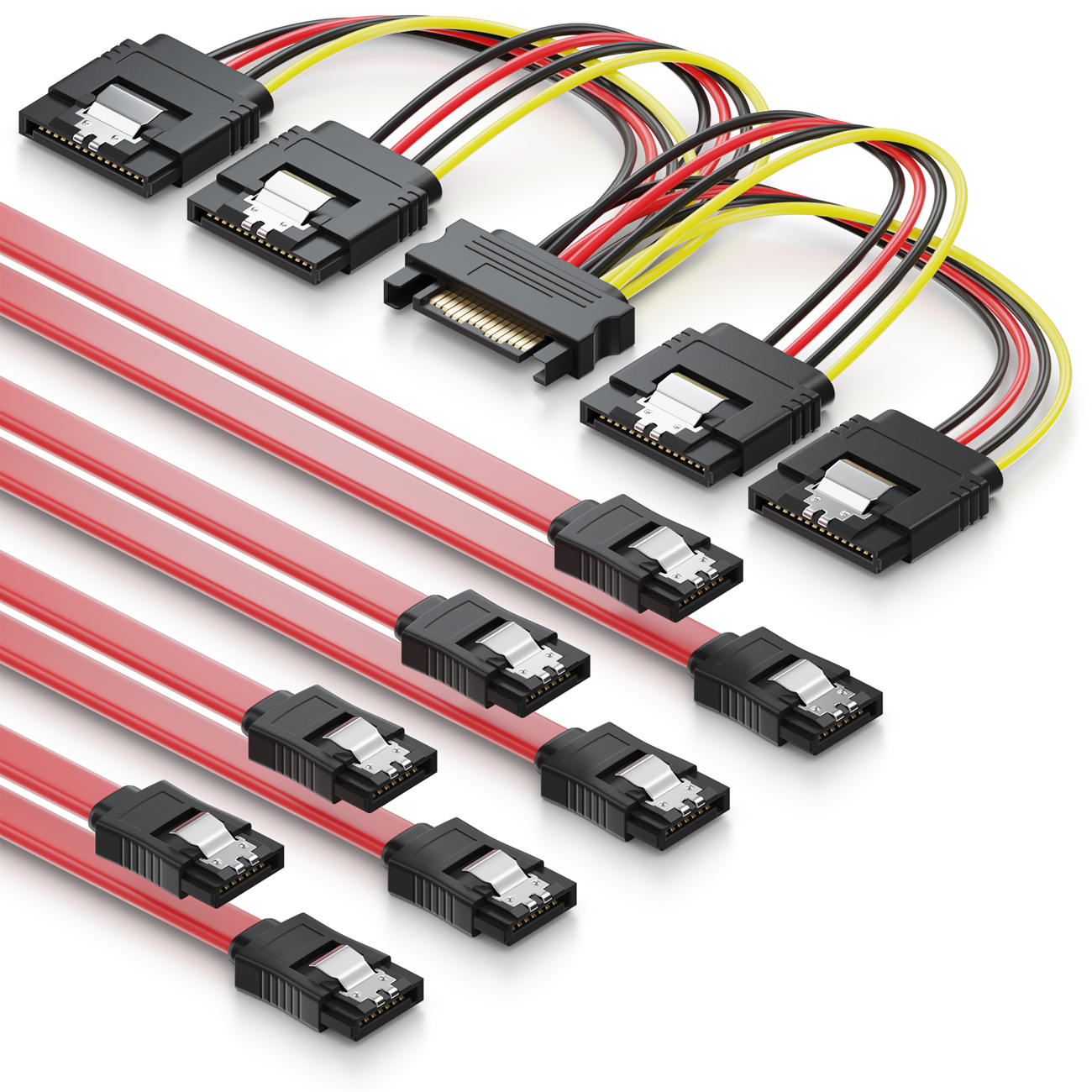 deleyCON SATA Kabel Set 4x SATA III Kabel mit Stecker gerade + Strom  Adapter Kabel - SSD HDD Festplatte - deleyCON