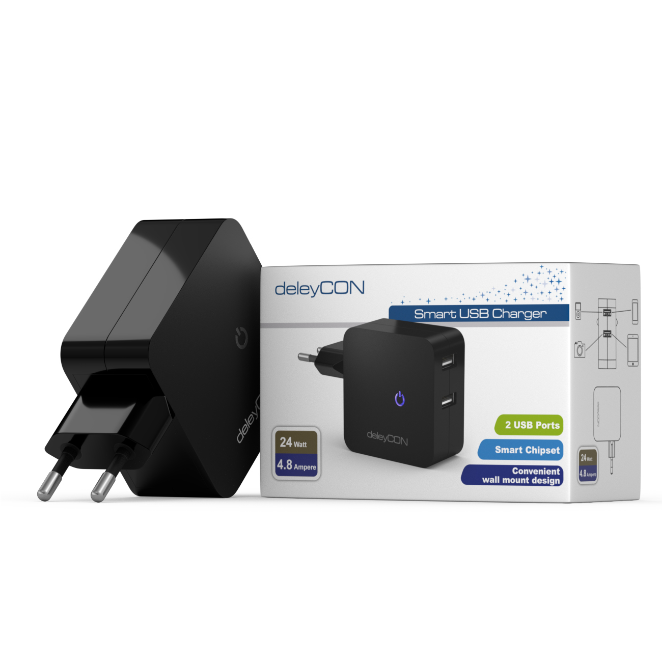 deleyCON Universal 2 Port USB Ladegerät Netzteil 2x USB Port Smart-Chip  Technologie 24W 4,8A - Schwarz & Weiß - deleyCON