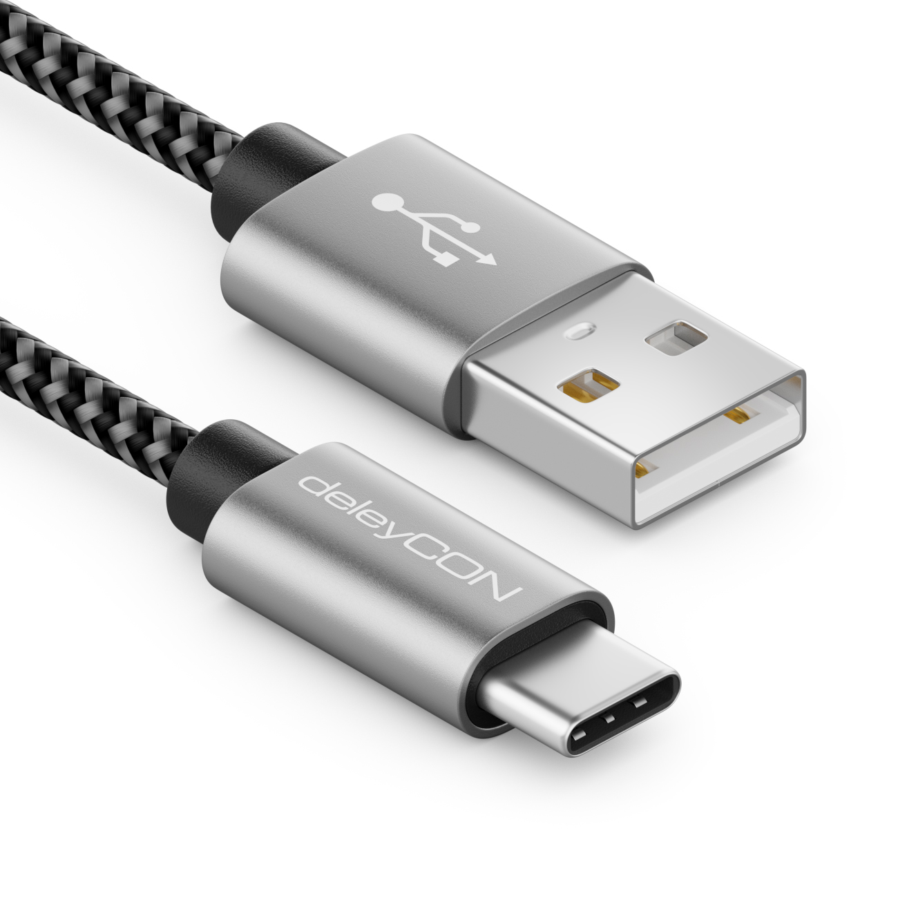 deleyCON Nylon USB-C Kabel Ladekabel Datenkabel USB Typ C Metallstecker  Laden & Synchronisieren Schwarz - deleyCON