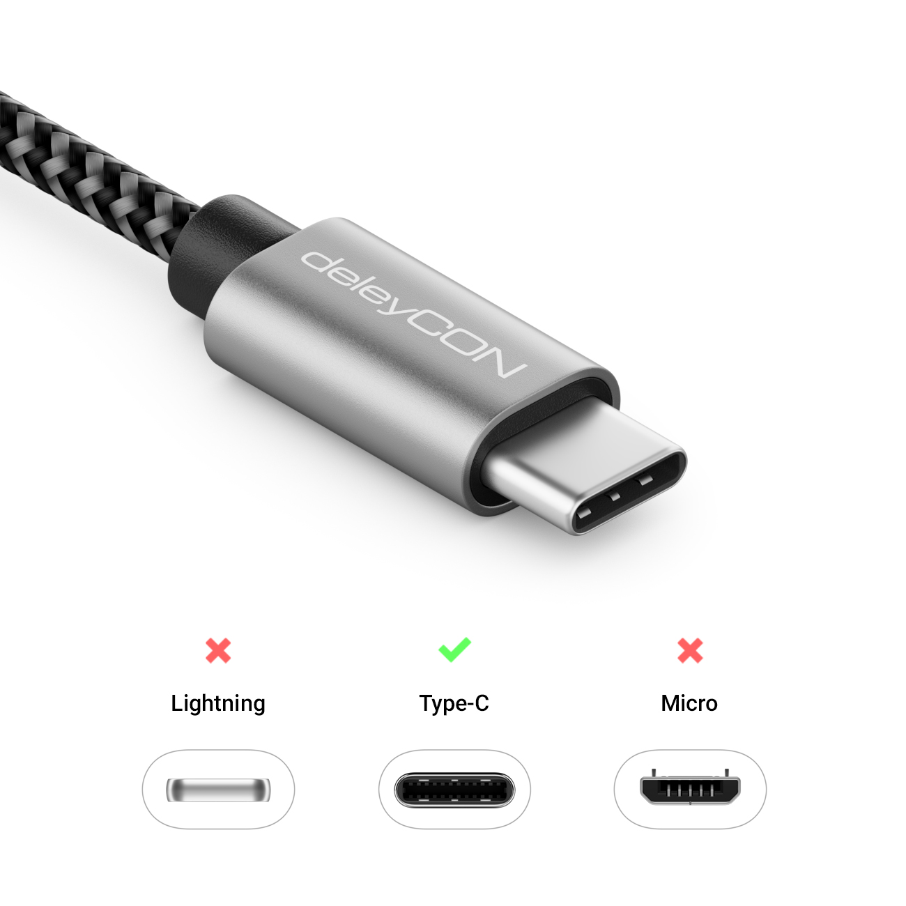 deleyCON Nylon USB-C Kabel Ladekabel Datenkabel USB Typ C Metallstecker  Laden & Synchronisieren Schwarz - deleyCON