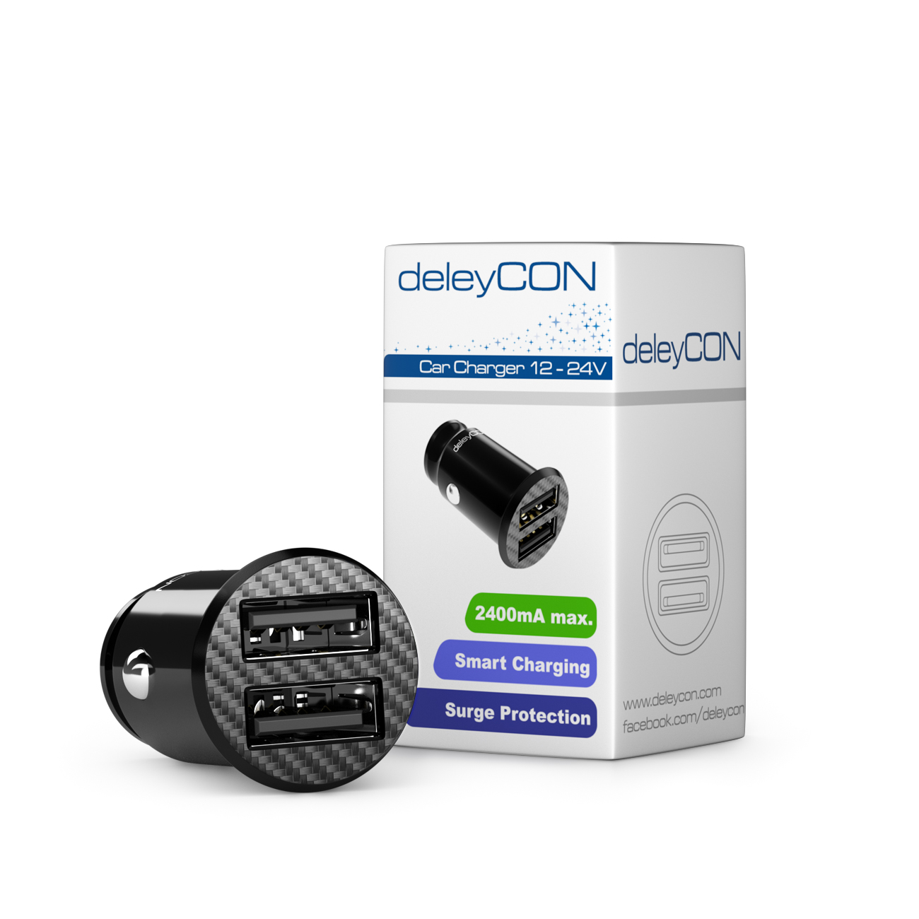 deleyCON 2,4A Zigarettenanzünder USB Ladegerät - 2400mA Schnellladung 2-Port  USB - Mini KFZ Auto Ladegerät - deleyCON