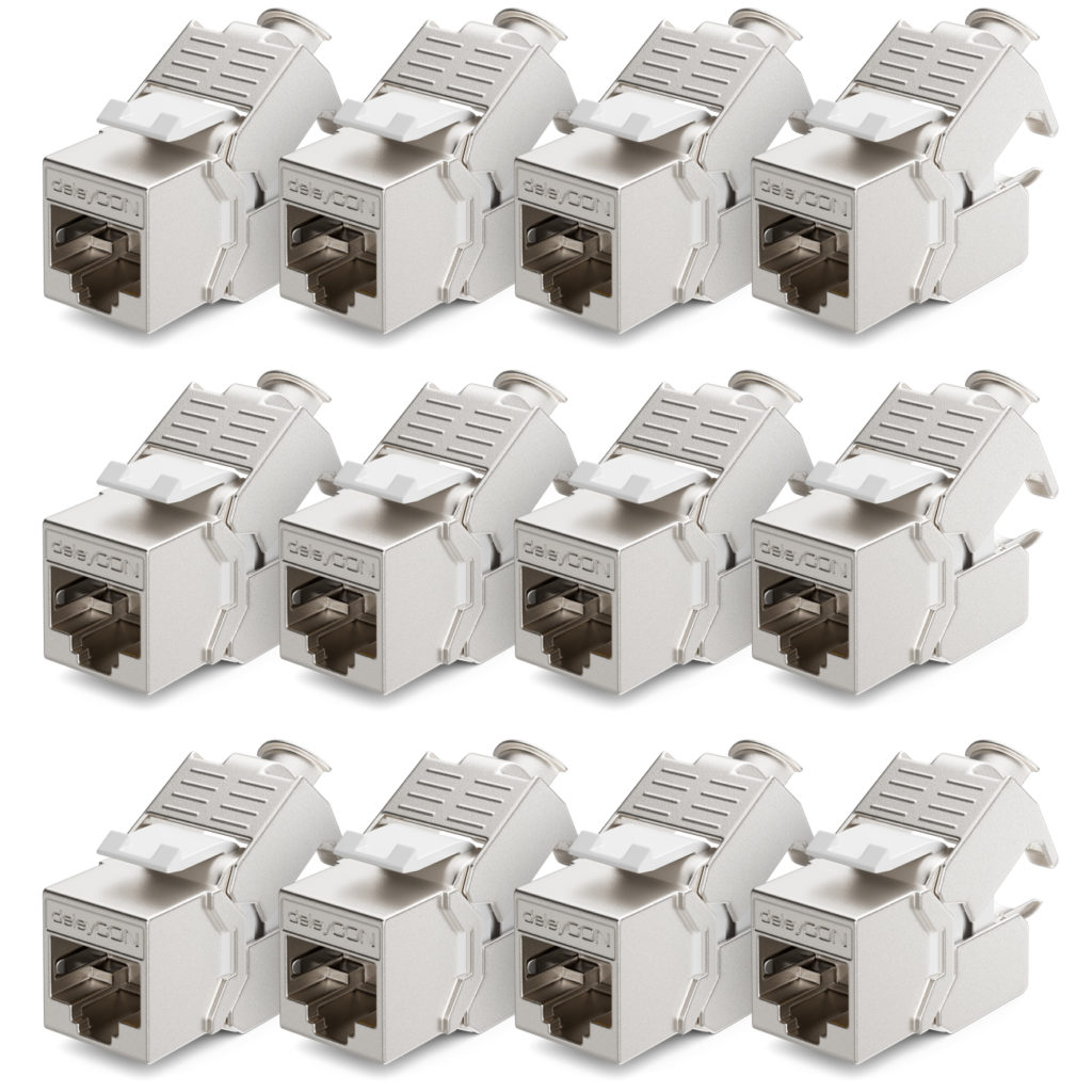deleyCON 8x CAT6a Keystone Jack Module with 4x 2-Port Hood Rail Adapter as Set Metal STP Shielding RJ45 Bus 10 Gbit/s Network Snap Mount for 35mm Hood Rails