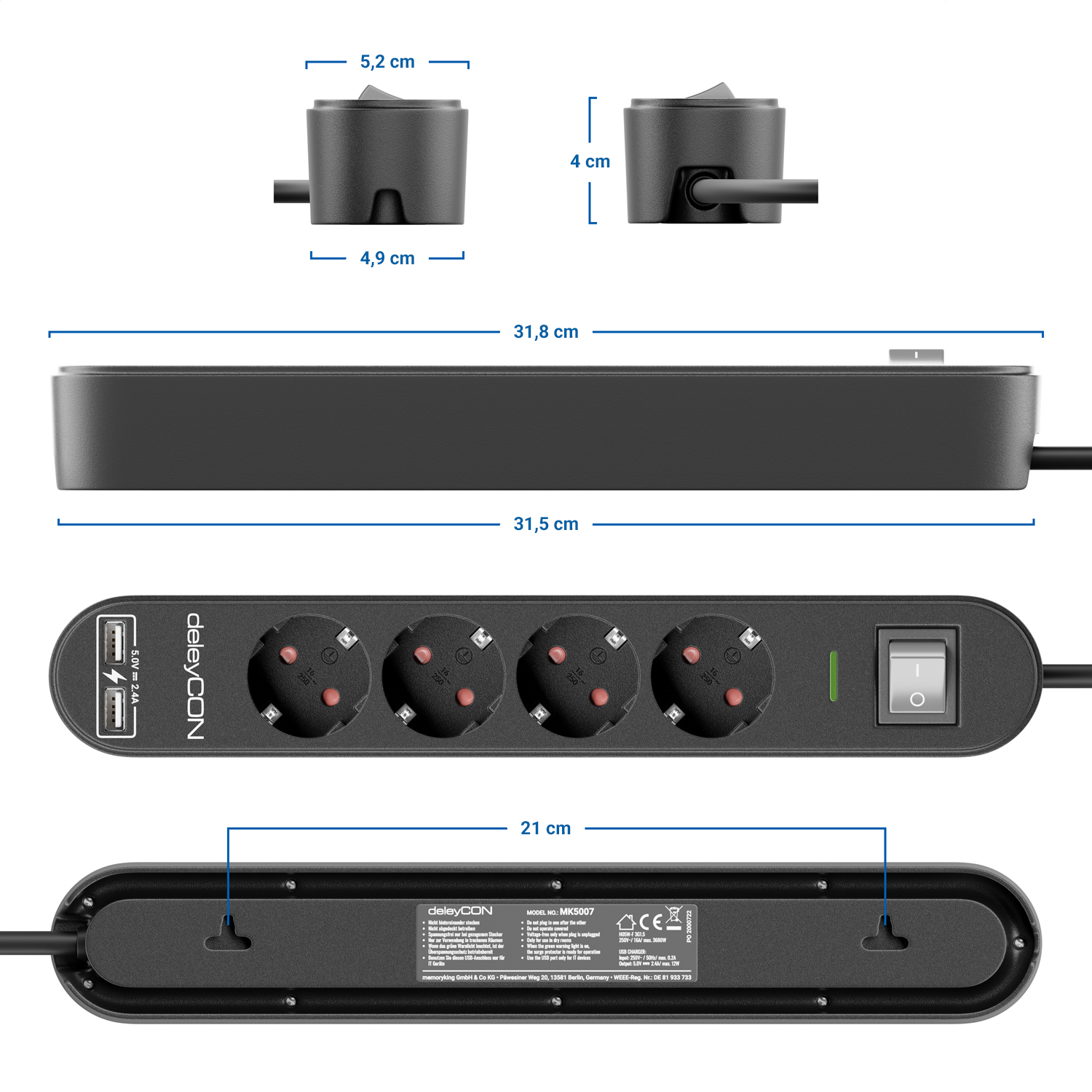 deleyCON 4 Fach Steckdosenleiste mit USB Stromleiste 4x  Schutzkontaktbuchsen 2x USB-A Ladebuchse & EIN/AUS Schalter Schwarz -  deleyCON