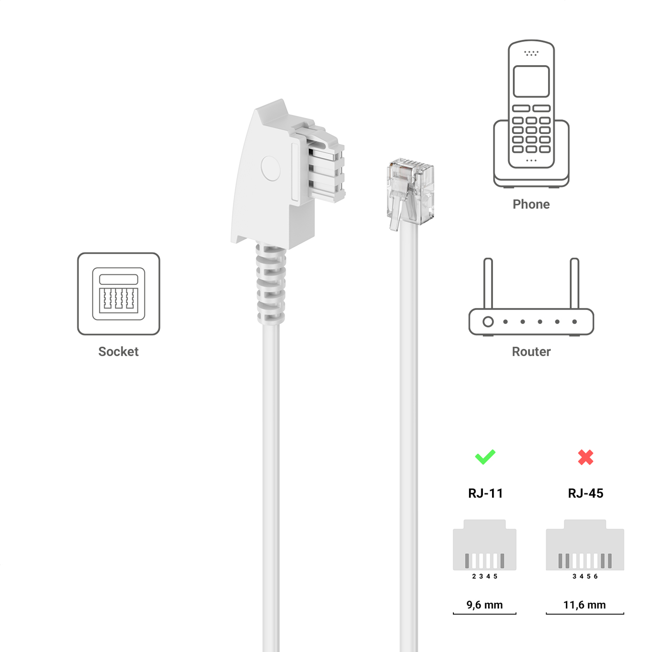 DeleyCON Cavo Telefonico TAE-F A RJ11 6P4C 1m: Piatto E Flessibile Per Dispositivi Analogici!
