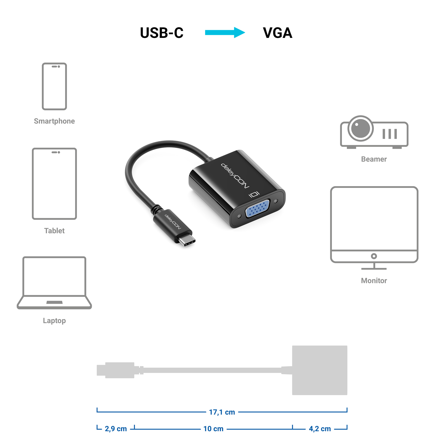 deleyCON USB C auf VGA Adapter Konverter - 1200p Dual WUXGA - USB