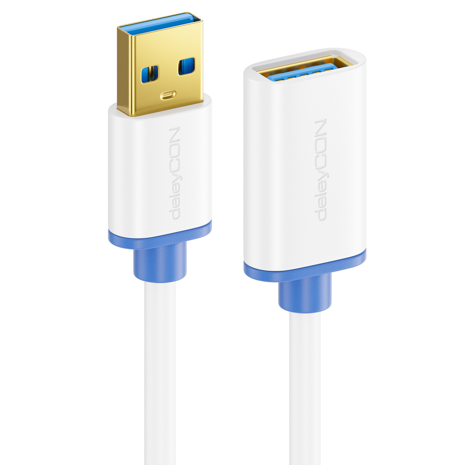 deleyCON USB 3.0 Super Speed Verlängerungskabel - USB A-Stecker zu USB A- Buchse - USB 3.0 Super Speed Technologie bis zu 5 Gbit/s - Weiß/Blau -  deleyCON