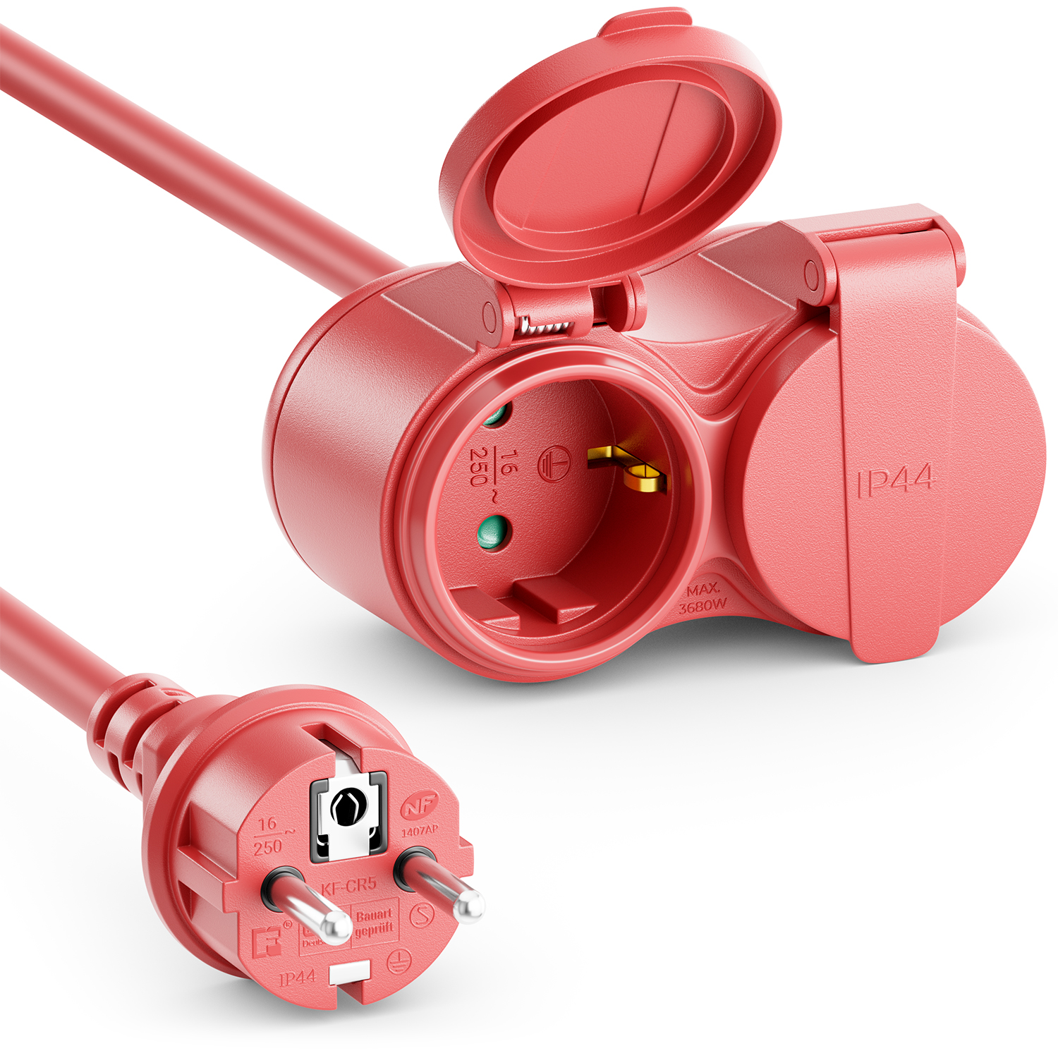 Schutzkontakt 2X 7/3) Stecker deleyCON Outdoor Stromkabel (CEE Verlängerungskabel Rot Typ F Spritzwasserschutz Außenbereich - 7/4) (CEE auf deleyCON IP44 Netzkabel Buchse - Verlängerung