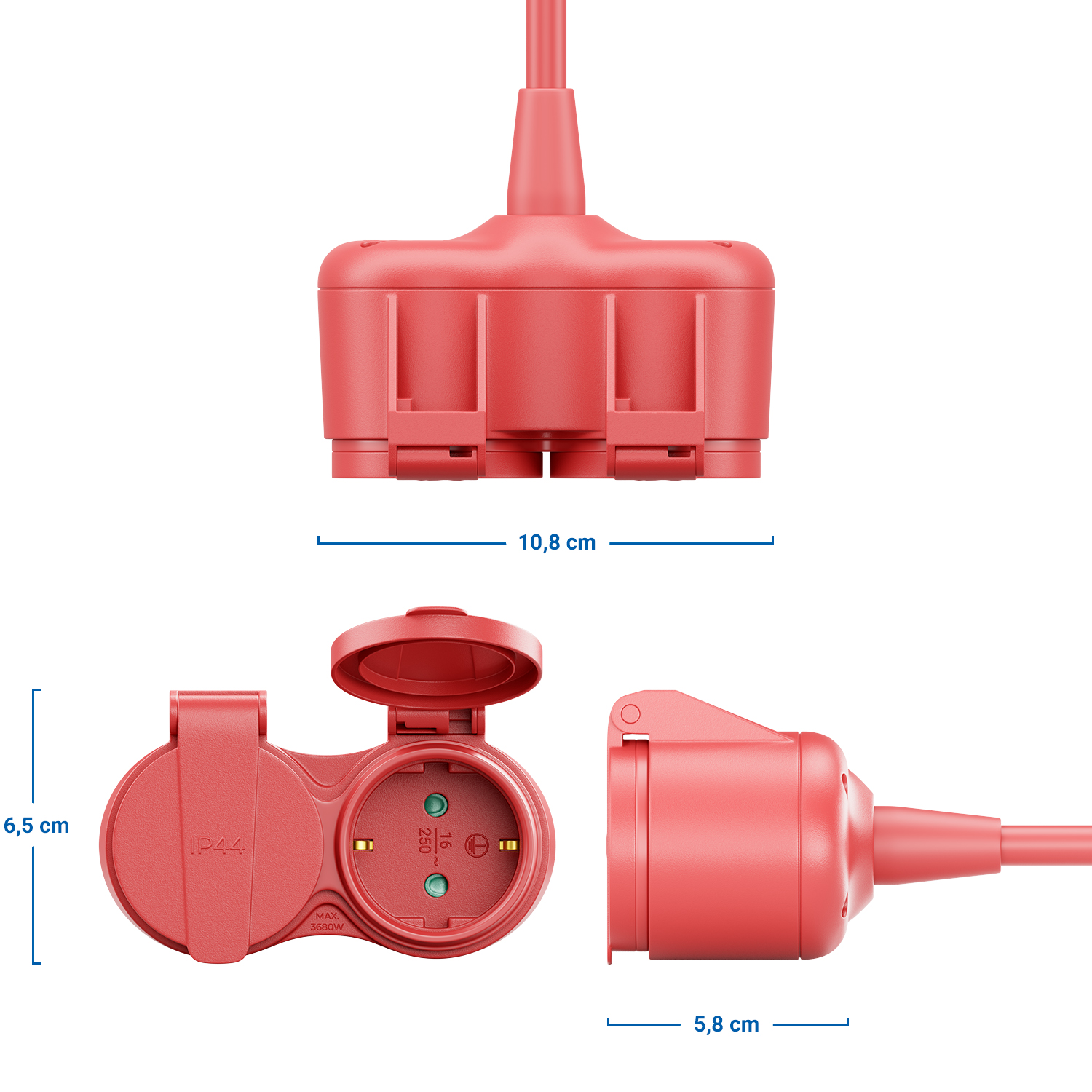 deleyCON Outdoor Verlängerungskabel IP44 Spritzwasserschutz Stromkabel  Netzkabel Verlängerung Außenbereich Schutzkontakt Stecker Typ F (CEE 7/4)  auf 2X Buchse (CEE 7/3) - Rot - deleyCON