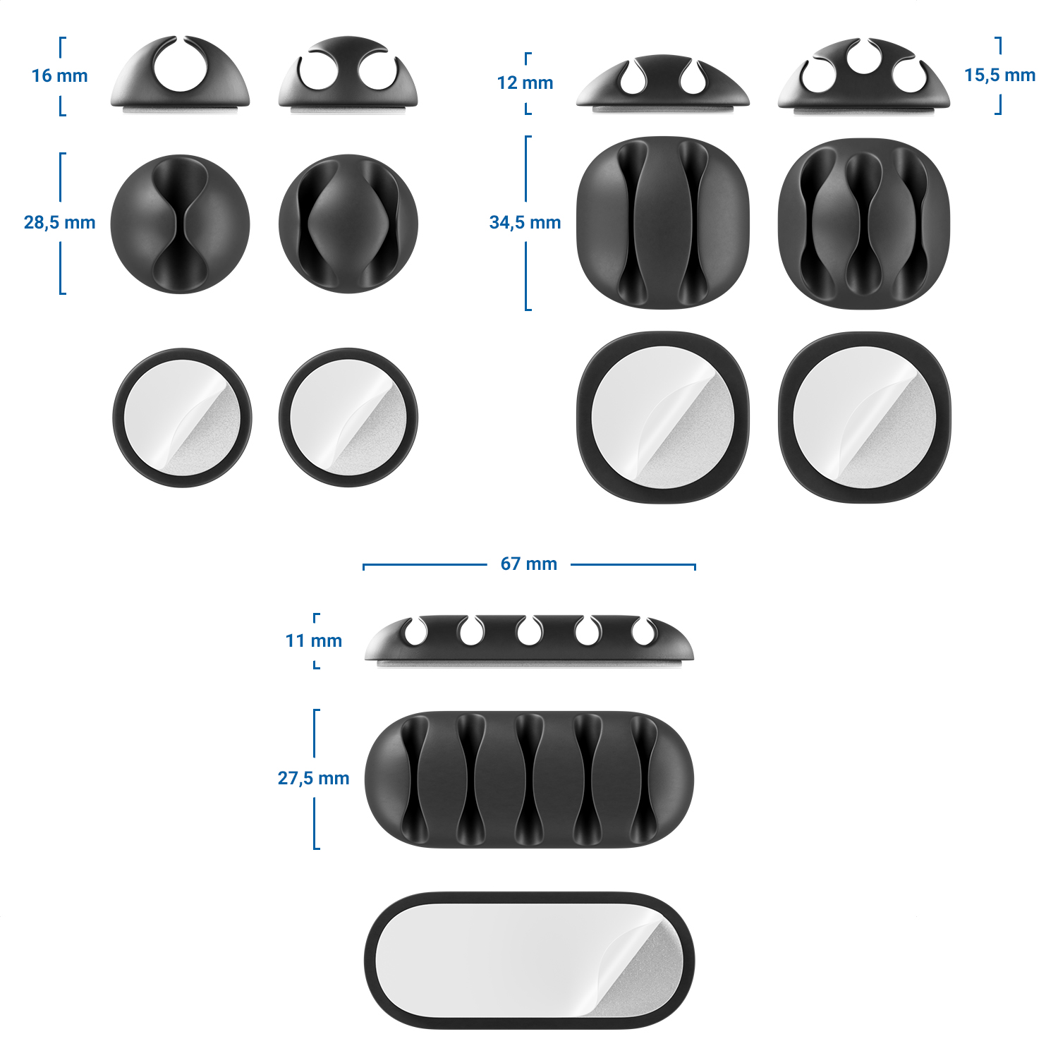 deleyCON 5 Stück Kabelhalter selbstklebend Kabelführung Fixierung Organizer  Clips Kabelbefestigung Kabel Management Kabelklemmen - für 5/3/2/1 Kabel -  Büro Schreibtisch Auto Schwarz - deleyCON